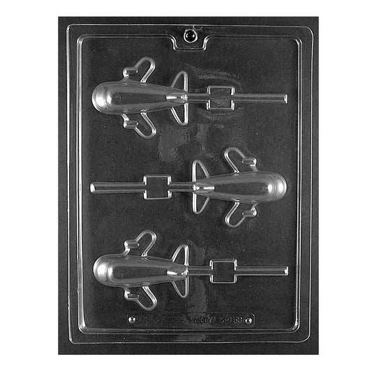 The mold displayed is designed to create airplane-shaped chocolate lollipops, with detailed wings, tail, and body features, suggesting use for travel-themed parties or as a treat for aviation aficionados.