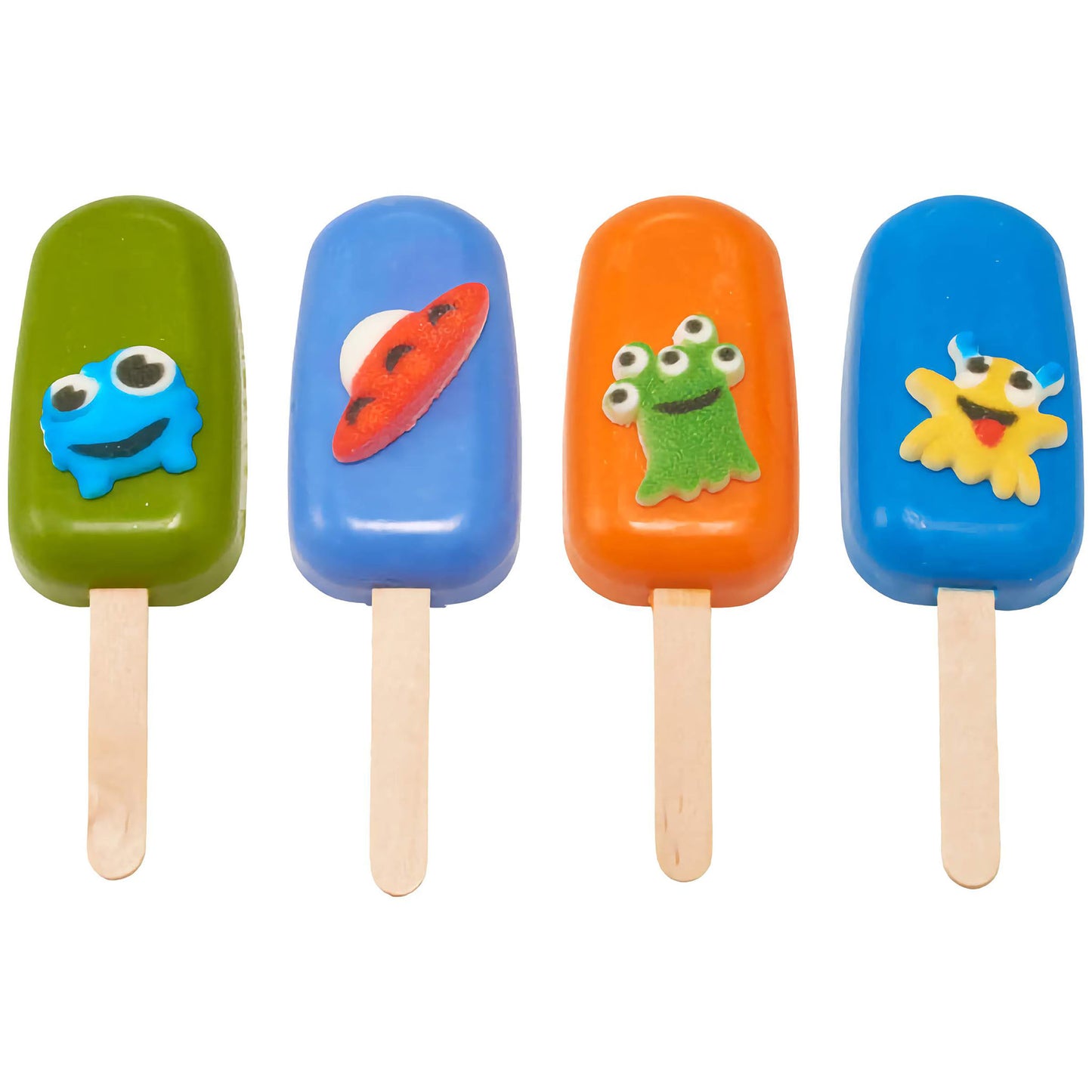 Assorted brightly colored ice pops decorated with fun alien pressed sugar figures: a blue smiling alien on green, a red UFO on blue, a multi-eyed green alien on orange, and a yellow star-like alien on blue.