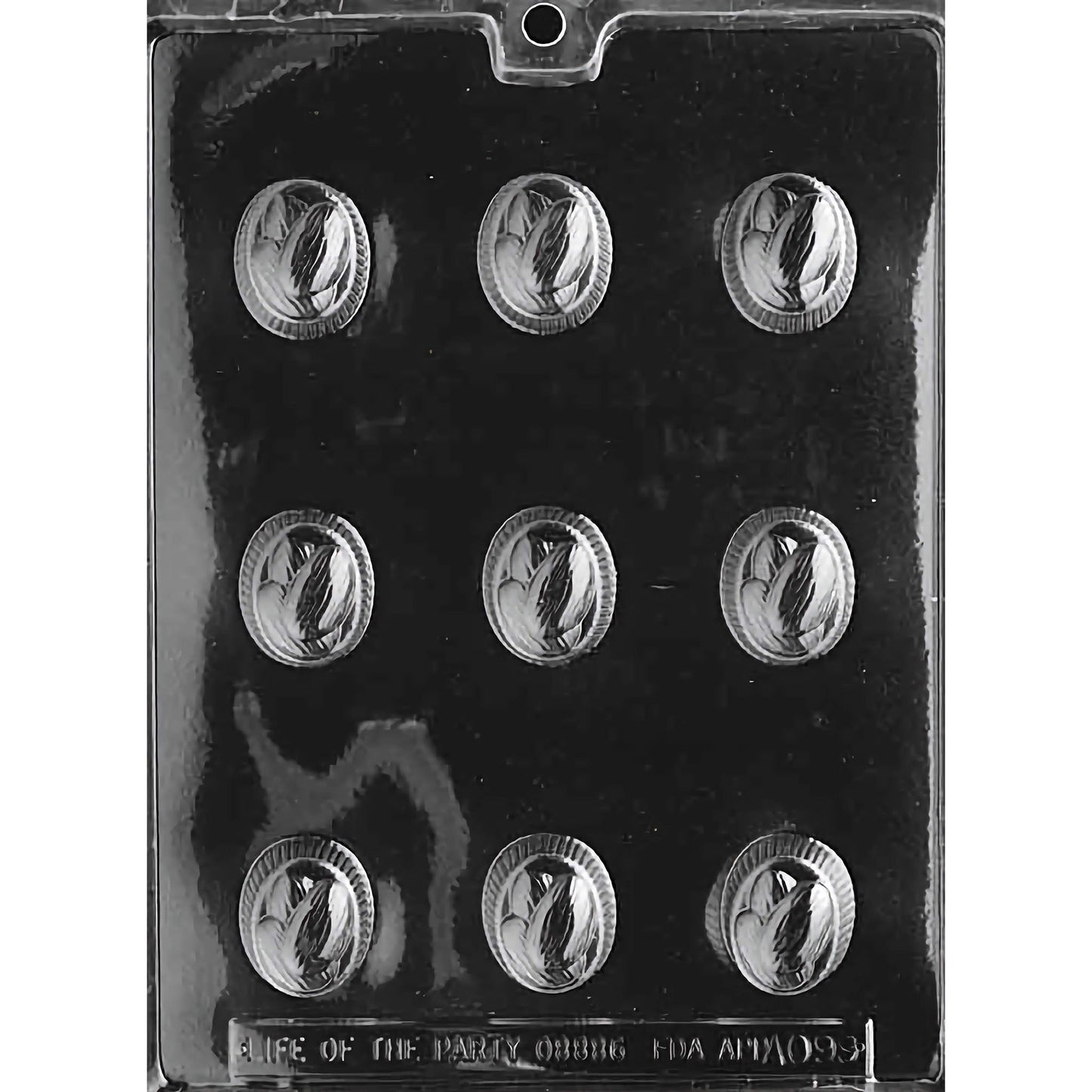Clear plastic chocolate mold with nine oval cavities, each featuring an almond design in the center. The mold is displayed against a black background, emphasizing the detailed almond patterns within each cavity. Ideal for creating elegant and intricately designed chocolate pieces.