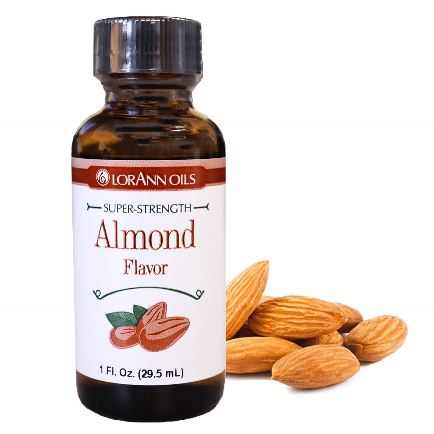Larger bottle of LorAnn Oils super-strength almond flavoring with almonds beside it.