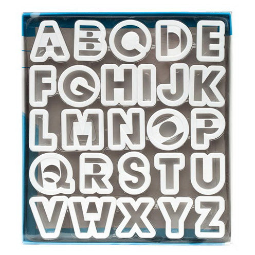 Ateco 5770 26-piece alphabet cutter set with white plastic letter-shaped cutters neatly arranged in a clear storage box.