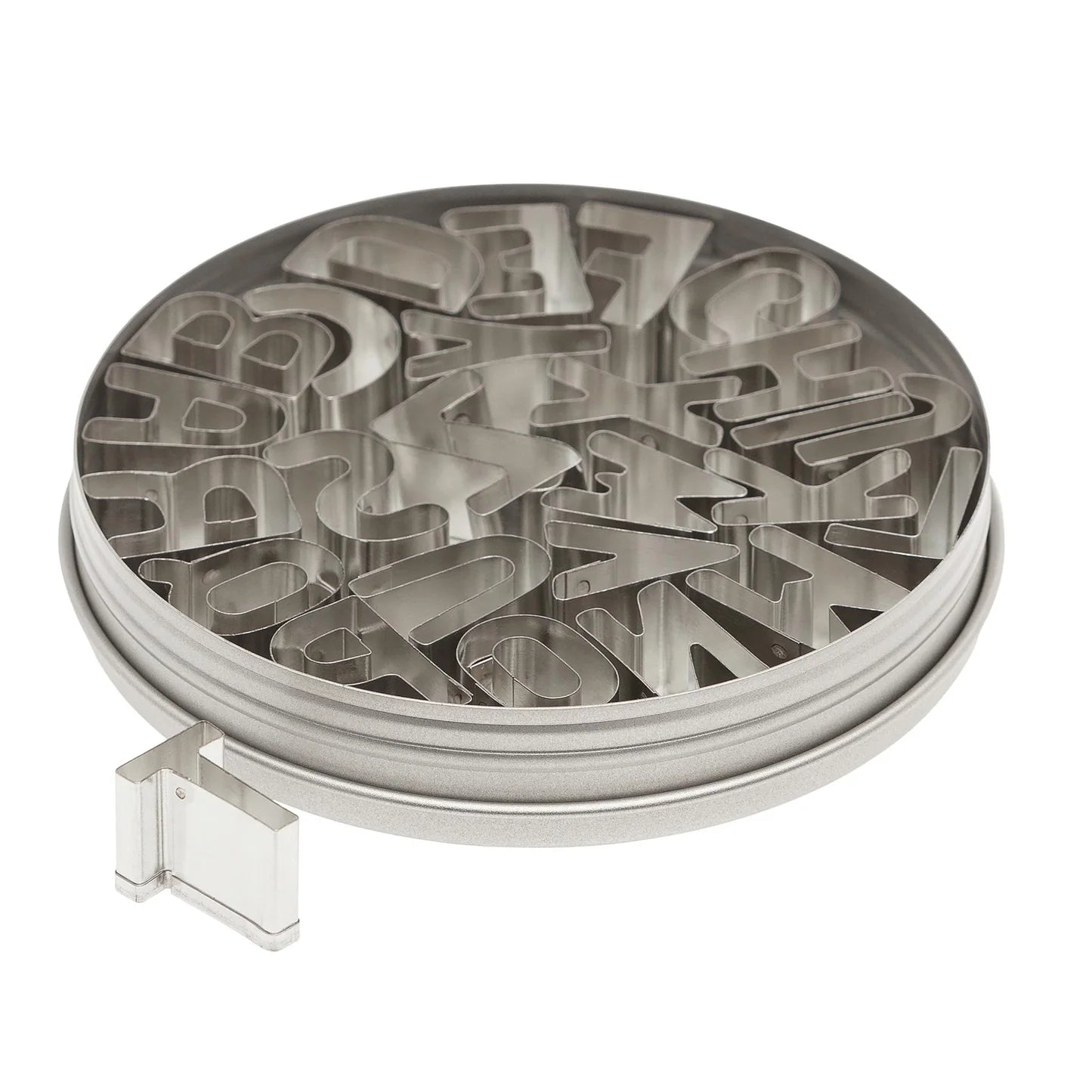 Ateco 6949 1" tin alphabet cutter set with all 26 uppercase letter cutters neatly arranged in a round storage tin.