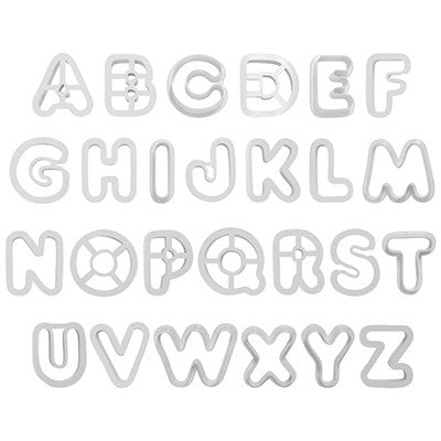 Full set of 26 white uppercase alphabet cutters arranged in order, ideal for creating edible letters with fondant or cookie dough.