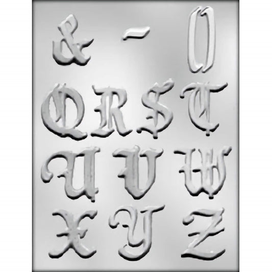 Alphabet chocolate mold featuring letters Q through Z, with an ampersand and dash symbol. Each letter is distinctively styled with curvy lines, suggesting a decorative and festive font perfect for personalized cake decorations or confectionery projects. This image can appeal to baking enthusiasts and professionals looking for quality cake and candy supplies.