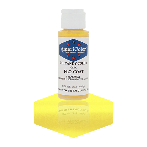 AmeriColor Flo-Coat Oil Candy Color Agent in a 2 oz bottle, shown with yellow reflection; used to convert gel paste for coloring chocolate and candy melts.