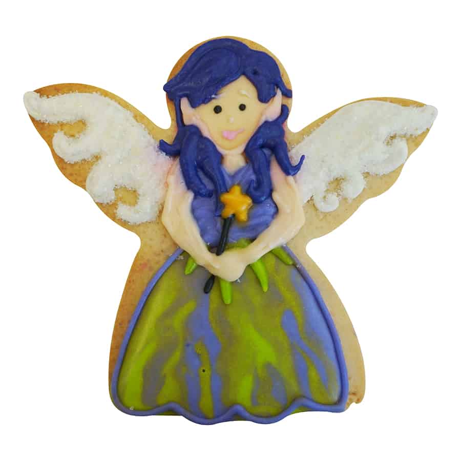 Decorated fairy princess cookie with blue hair, a flowing purple and green dress, sparkling white wings, and a gold star wand.