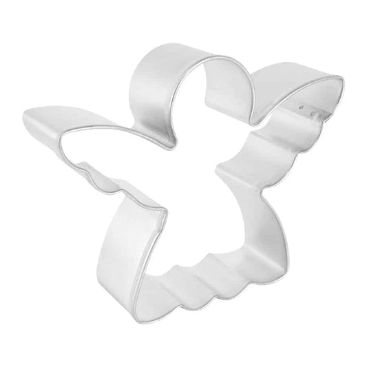 Angled side view of the angel cookie cutter, highlighting its durable design and smooth edges.