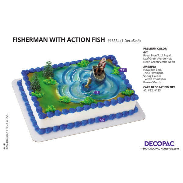 DecoPac Fisherman with Action Fish cake kit packaging showing layout and decorating color tips