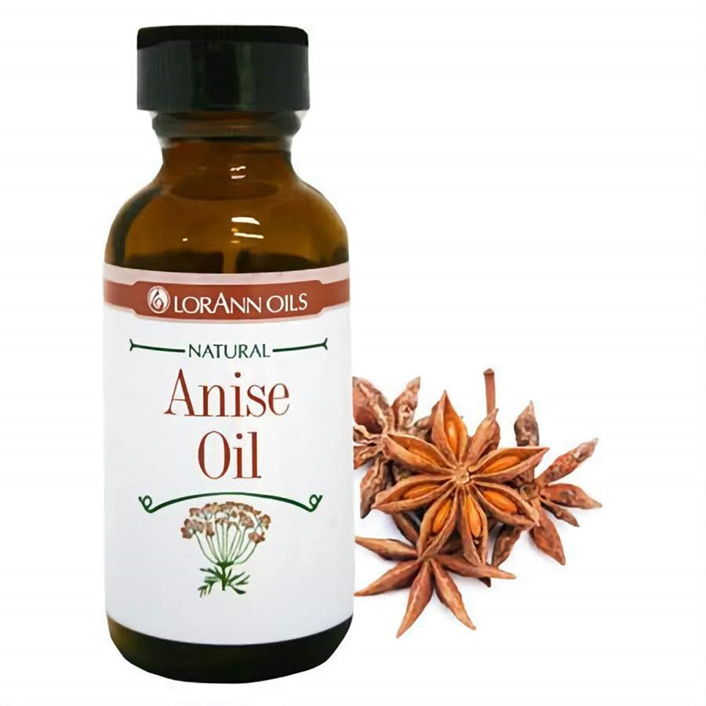 Larger one ounce bottle of LorAnn Oils natural anise oil with star anise beside it.