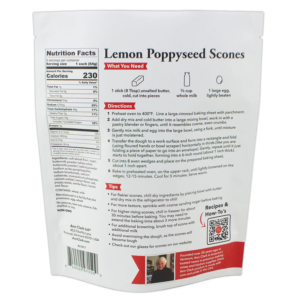 Back of Ann Clark Lemon Poppyseed Scone Mix package showing directions, ingredients, nutrition facts, and baking tips.