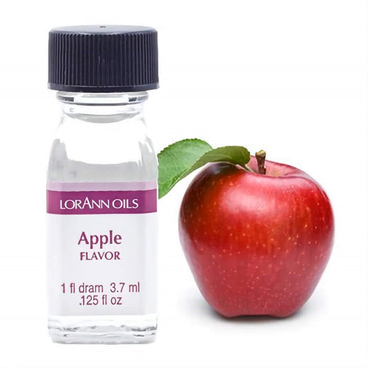 1 Dram Bottle of LorAnn Oils super-strength apple flavoring with a red apple beside it.