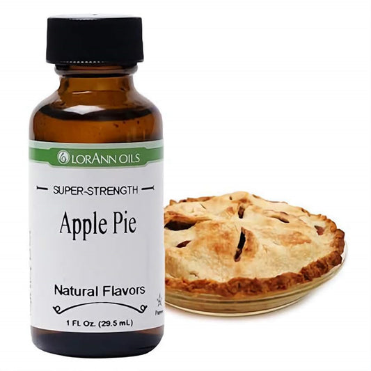 LorAnn Oils Super Strength Apple Pie Flavor in a 1 fl oz bottle, placed beside a golden-brown baked apple pie, showcasing the intended dessert flavoring.