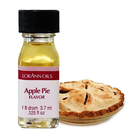 1 dram bottle of LorAnn Oils apple pie flavoring with an apple pie beside it.
