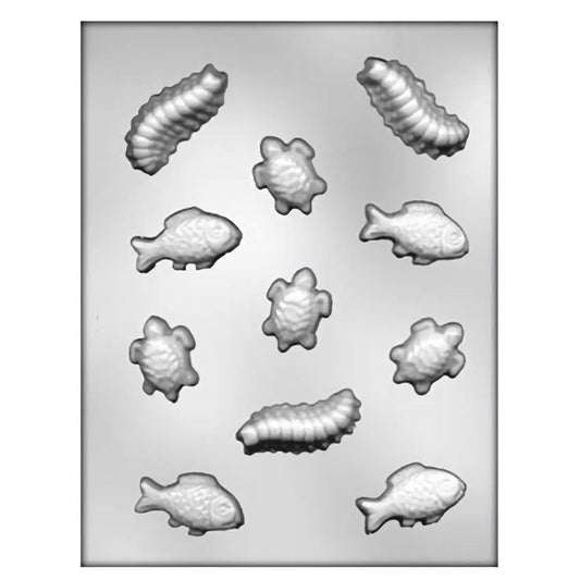 An aquatic-themed chocolate mold, featuring an assortment of sea creatures. With cavities shaped like seashells, starfish, and fish, this mold is perfect for ocean-inspired parties, educational events, or just adding a fun, nautical twist to your chocolate creations.