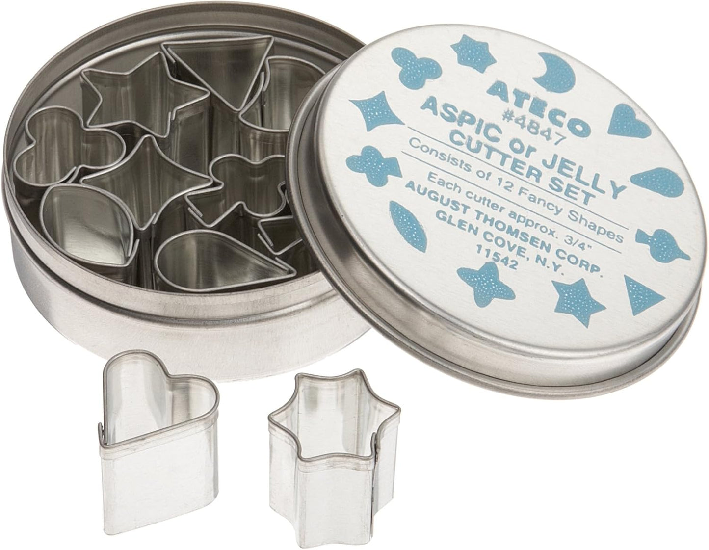 Ateco 4847 12-piece tin aspic and jelly cutter set with various small shapes, stored in a round tin with a printed lid.