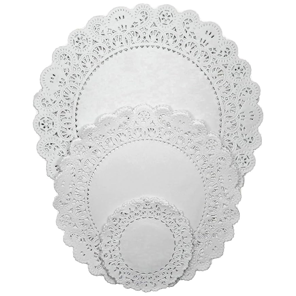 Set of three round white paper lace doilies in different sizes 4 inch, 8 inch, and 10 inch stacked together, showing scalloped edges and cutout lace patterns.