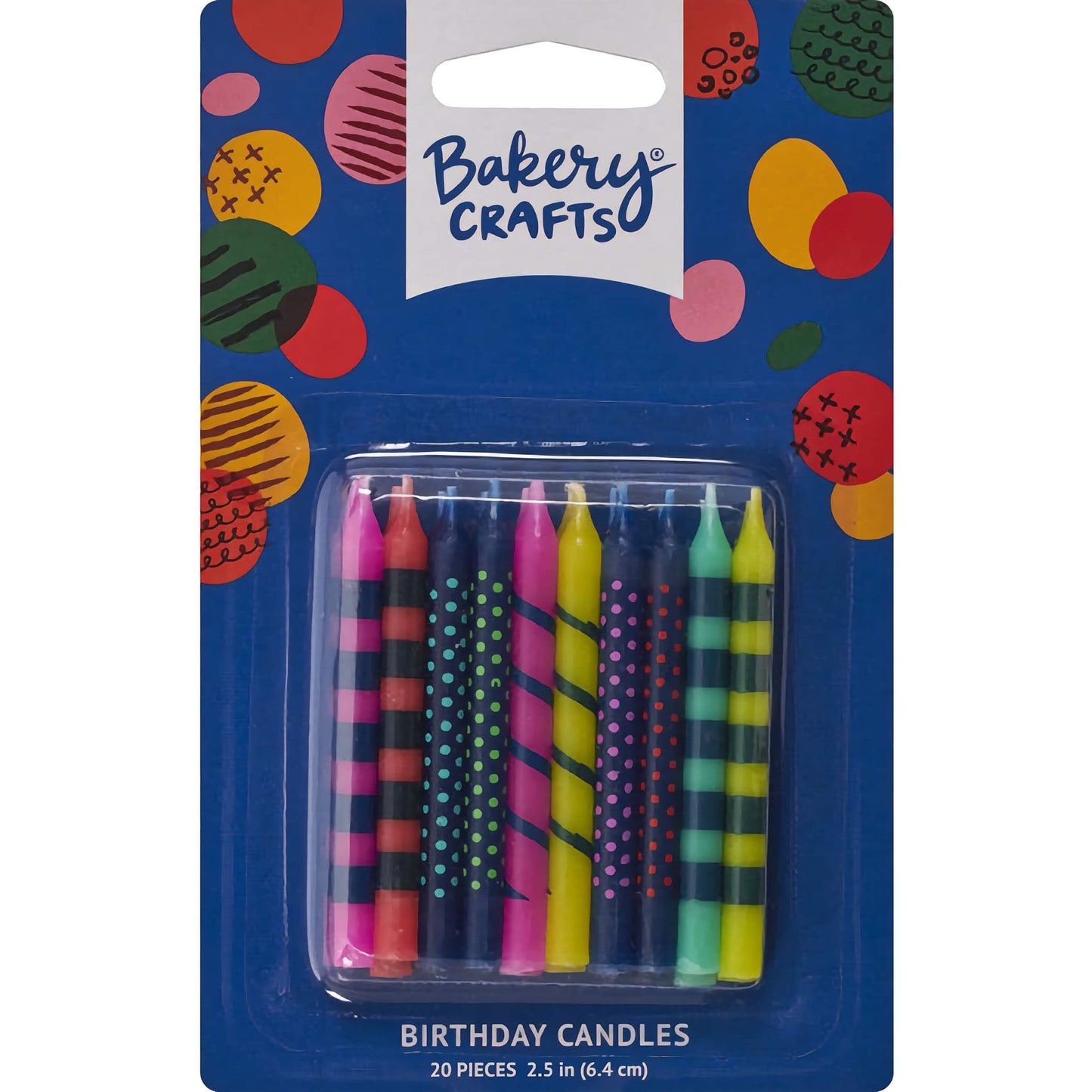 Bakery Crafts Dots and Stripes Birthday Candles, featuring an assortment of playful designs with vibrant dots and stripes, 2.5 inches tall, 20-pack.