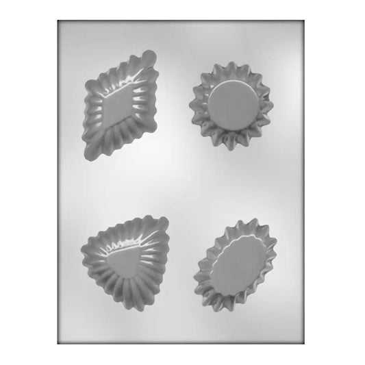 A collection of four different dessert cup molds on one sheet, including designs reminiscent of sunbursts and flower petals, each with distinct textures and patterns, suitable for creating unique chocolate cups for desserts or as edible decorations.