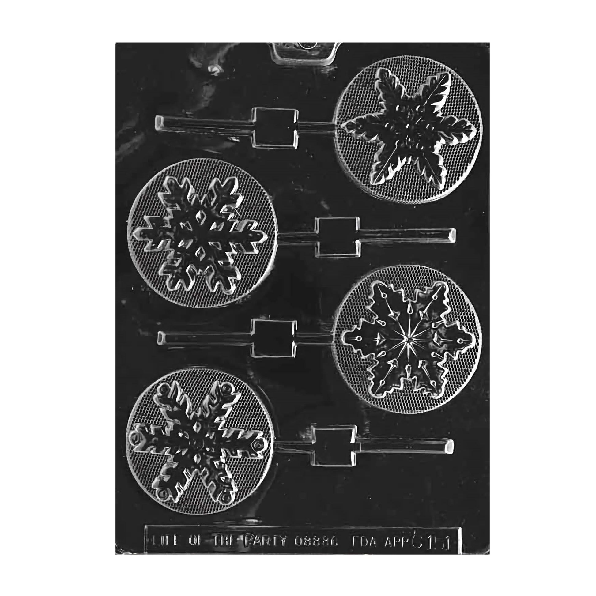 This image features a chocolate mold designed for creating assorted snowflake-shaped suckers. The mold contains four distinct snowflake patterns, each with intricate details and embossed textures. The designs vary from classic dendritic to floral-like patterns, all encircled with a delicate border suggesting a lace effect.