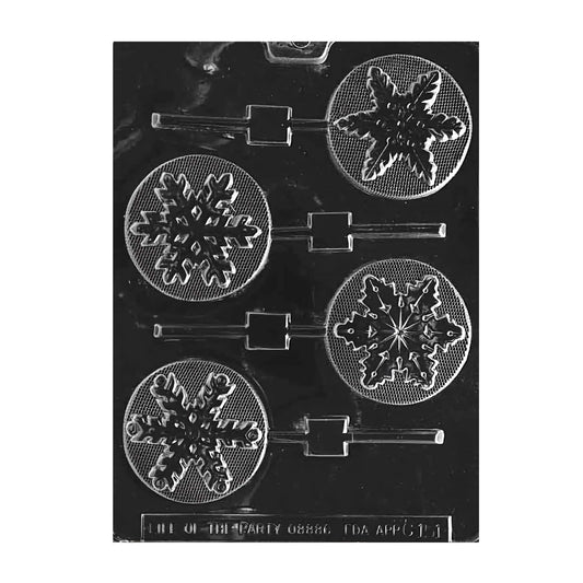 This image features a chocolate mold designed for creating assorted snowflake-shaped suckers. The mold contains four distinct snowflake patterns, each with intricate details and embossed textures. The designs vary from classic dendritic to floral-like patterns, all encircled with a delicate border suggesting a lace effect.