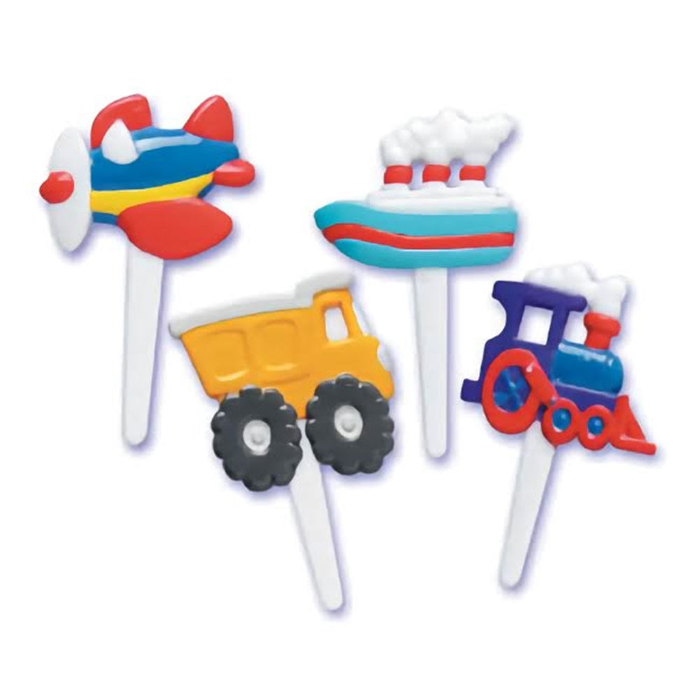 Assorted vehicles cupcake topper picks, featuring a colorful assortment of transportation modes including an airplane, boat, tractor, and train. These playful toppers are available at Lynn's Cake, Candy, and Chocolate Supplies, great for a travel or transportation-themed party.