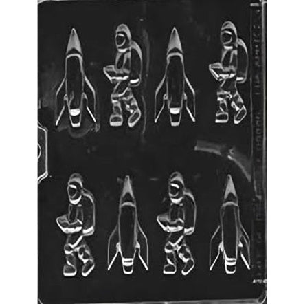This image showcases a spaceman and rocket ship chocolate mold. The mold features detailed cavities shaped like astronauts in space suits and classic rocket ships ready for lift-off. Each figure is intricately designed to capture the essence of space exploration, perfect for themed parties, educational events, or as a treat for space enthusiasts.