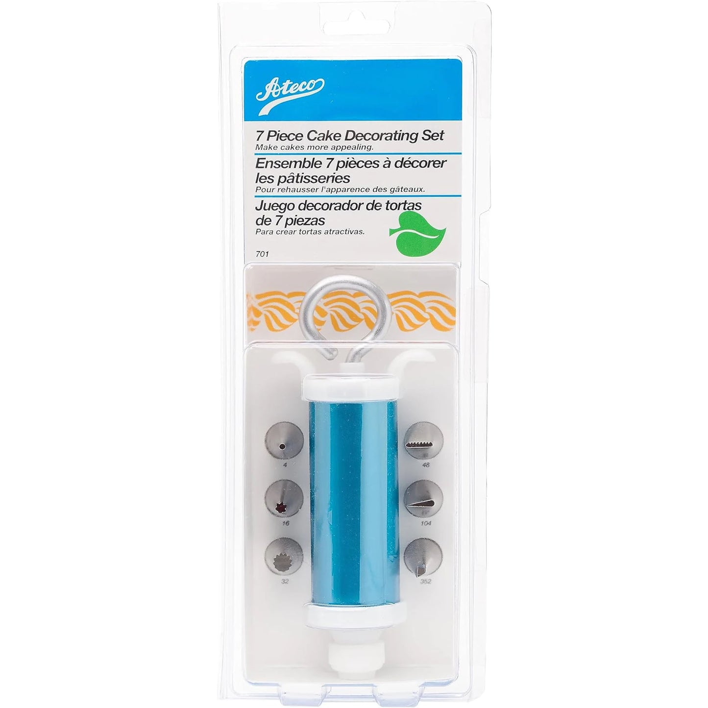 7 piece cake decorating set in packaging, includes decorating syringe and six metal tips.
