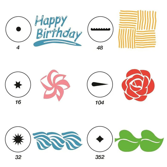 Diagram showing icing designs created with each decorating tip, including writing, basketweave, star, petal, rose, shell, and leaf patterns.