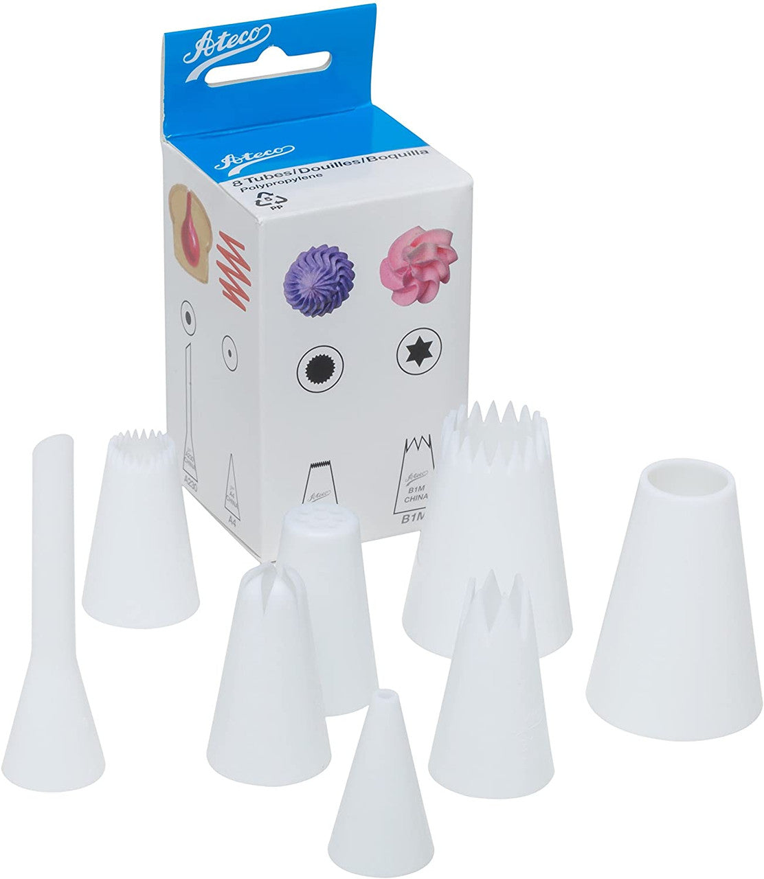 Ateco 8-piece plastic pastry tube set with various piping tips displayed, shown alongside the storage box which contains examples of frosting designs.