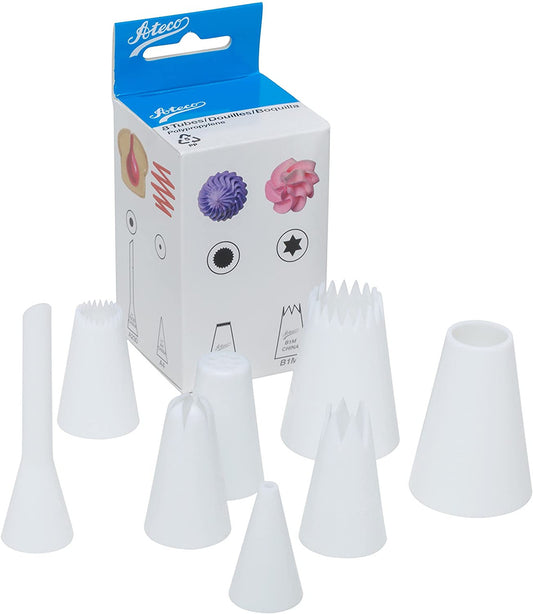 Ateco 8-piece plastic pastry tube set with various piping tips displayed, shown alongside the storage box which contains examples of frosting designs.
