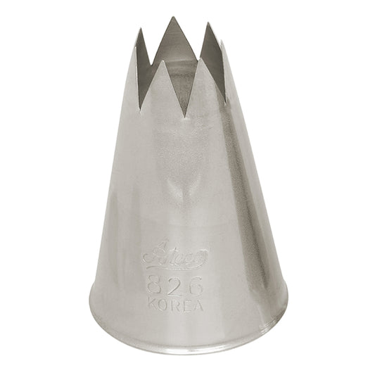 Ateco Pastry Tip Star #826, an open star piping tip with a 0.6-inch opening, perfect for creating textured swirls, rosettes, and borders on cakes and cupcakes.