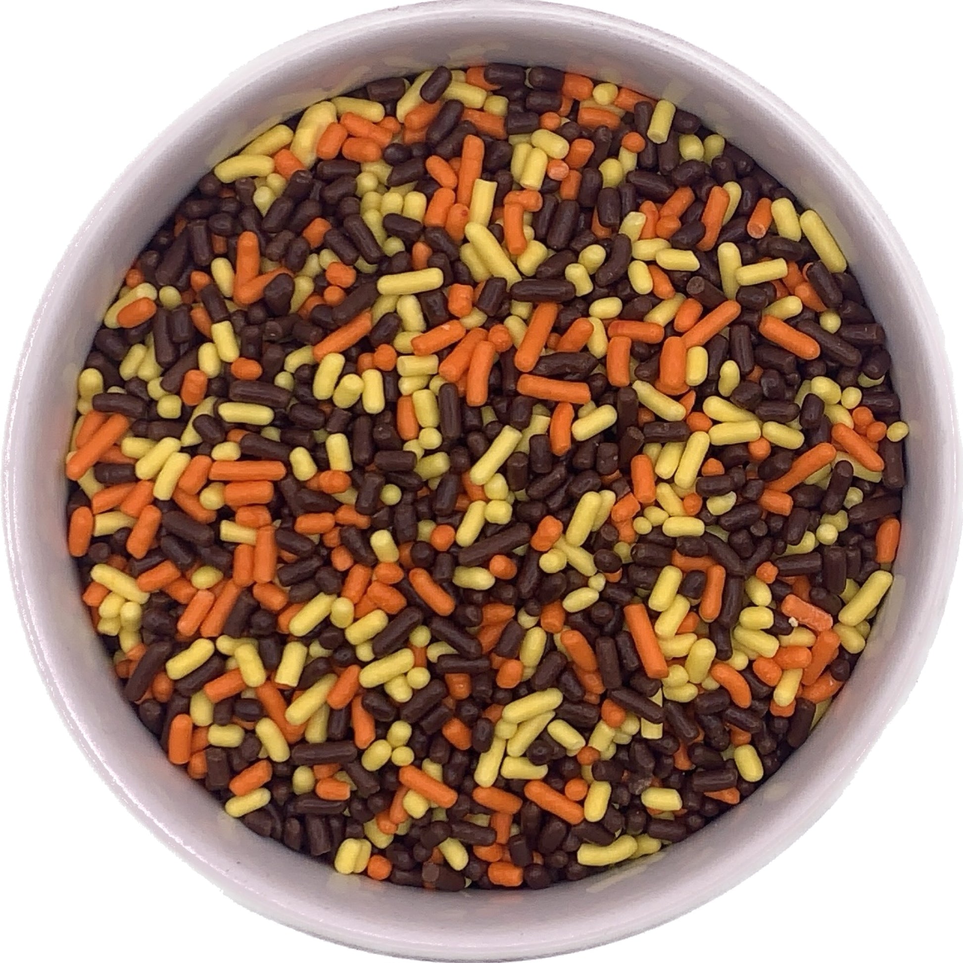 Autumn Jimmies Sprinkle Blend featuring orange, yellow, and brown sprinkles in a white bowl, perfect for fall and Thanksgiving desserts.