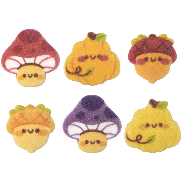 Set of six colorful autumn-themed edible sugar decorations, including cute smiling mushrooms, pumpkins, and acorns, perfect for fall desserts.