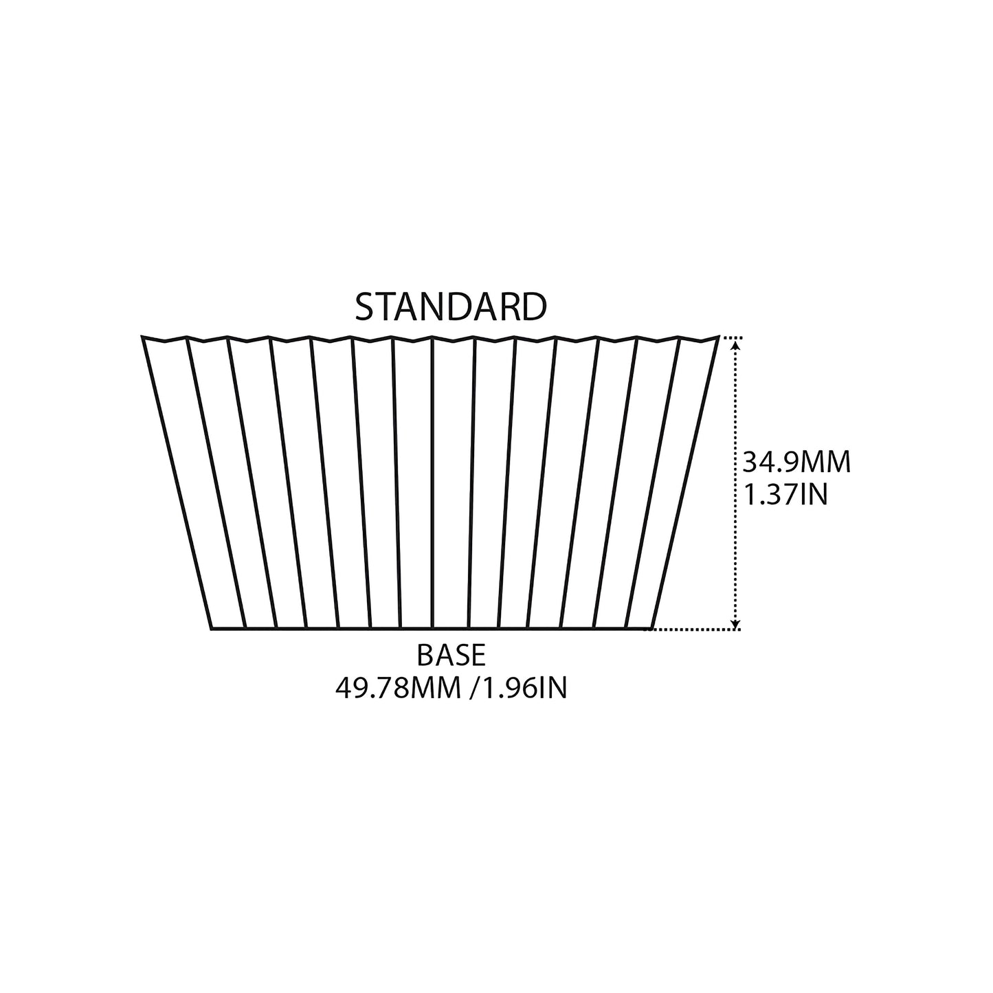 Standard cupcake liner specifications. Diagram showing the dimensions: base diameter 49.78mm (1.96 inches) and height 34.9mm (1.37 inches).