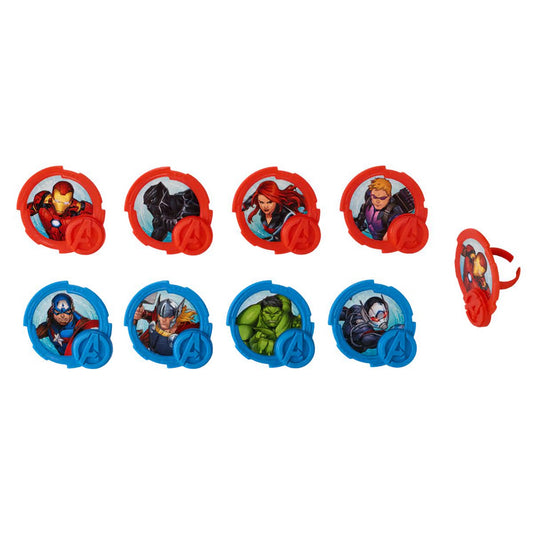 Avengers cupcake toppers with assorted superheros, each bearing the emblem of a different avenger, ideal for a superhero bash or to celebrate favorite characters from the universe of caped crusaders.