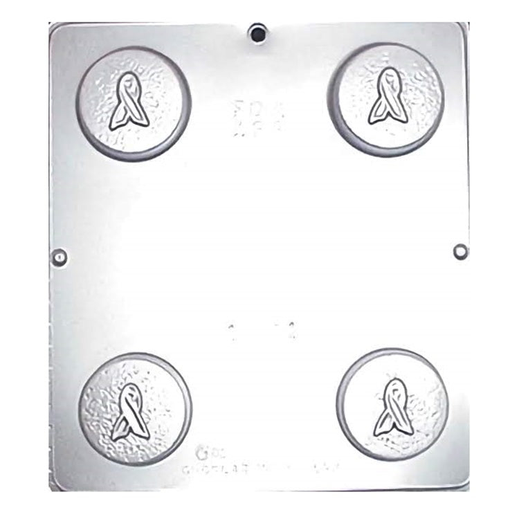 This is a chocolate mold plate with four cavities, each shaped like an awareness ribbon. The design is simple and elegant, with a slight texture that will be imprinted on the chocolates. It's ideal for creating treats that show support for causes represented by different ribbon colors.