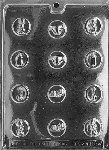 Clear sheet of small round cavities featuring baby icons; smooth edges and crisp emboss.
