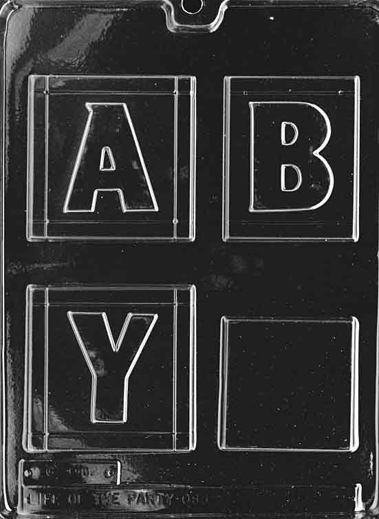 Clear mold creating a large cube with raised block letters on faces; defined edges; display-friendly scale.