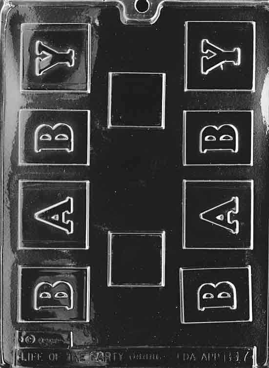Clear mold producing a small cube with raised letters and border lines; compact scale.