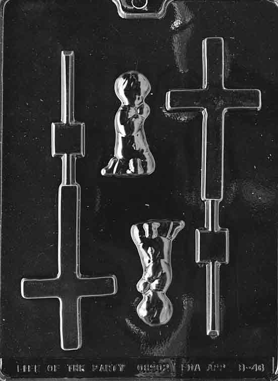 Clear circular lollipop cavities labeled for a boy’s christening; border ring and stick groove visible.