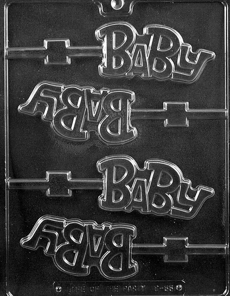 Clear lollipop mold with block letters spelling BABY; rectangular or round face depending on sheet; stick channel visible.