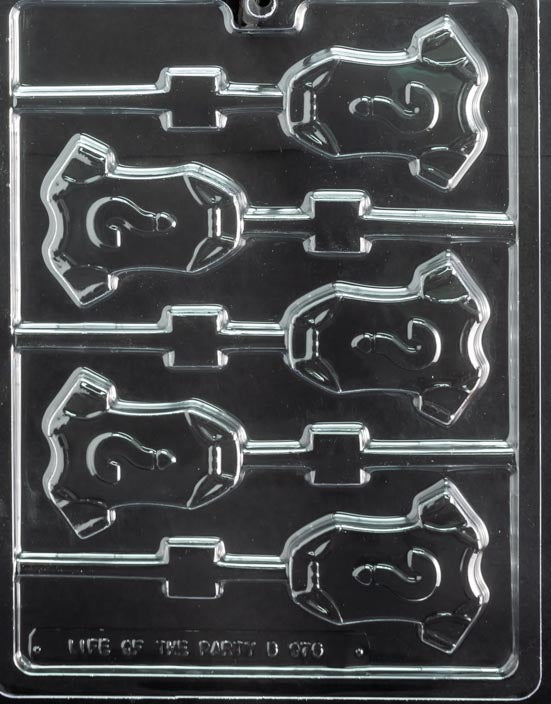 Clear lollipop mold showing a onesie with a raised question mark in the center; smooth borders; white surface.