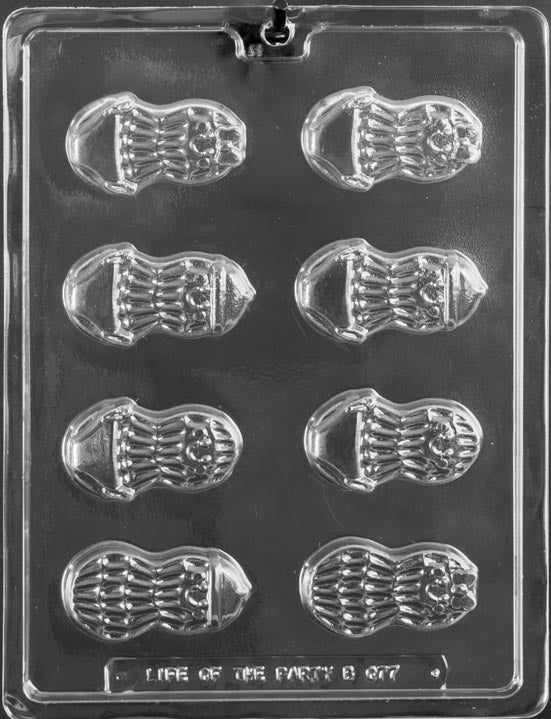 Clear mold with peanut-shaped cavities; gentle curves and shell outline; glossy plastic on white.
