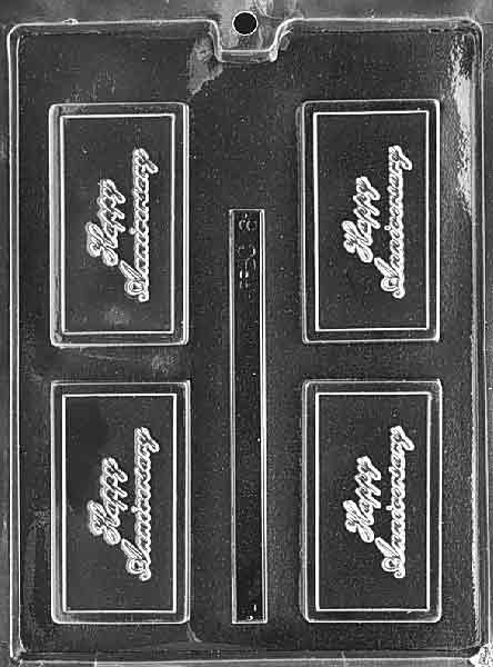 Clear rectangular mold with “HAPPY ANNIVERSARY” raised lettering; business card dimensions; clean frame.