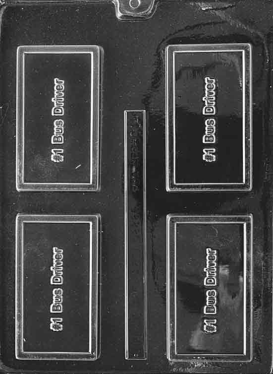 Clear chocolate mold showing “#1 Bus Driver” on a card-sized plaque; clean frame; white background.