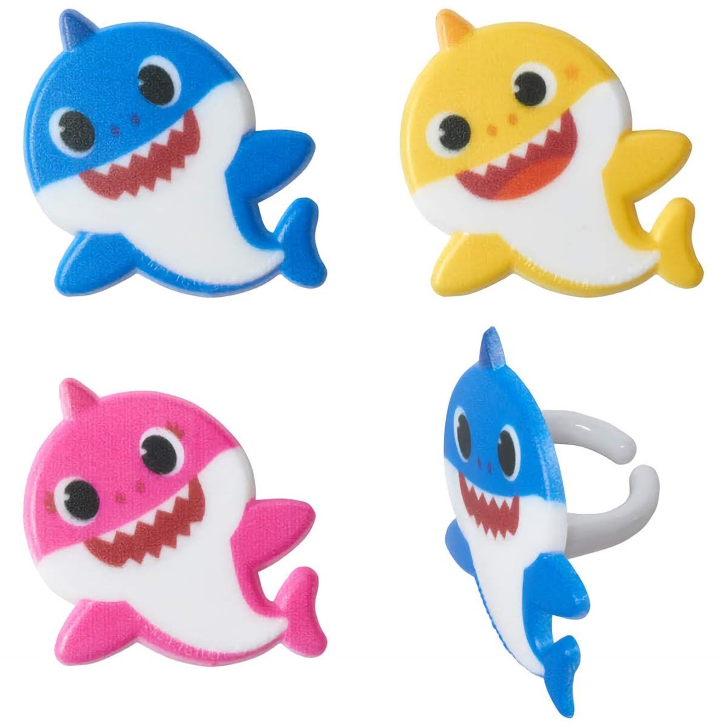 Close-up of Baby Shark-themed cupcake rings in blue, pink, and yellow, showing both the front design and back ring attachment.