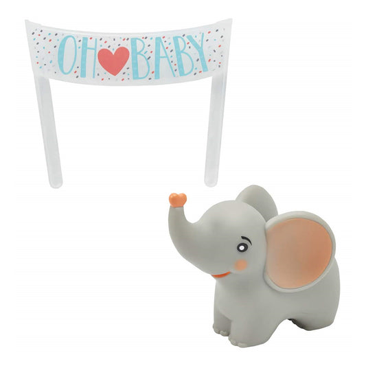 Charming baby elephant cake topper with 'OH BABY' banner, in soft grey and pastel colors, ideal for gender-neutral baby shower themes and dessert decorations.