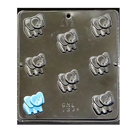 Plastic chocolate mold featuring six baby elephant-shaped cavities, with a sample finished chocolate piece in blue showing the intricate design details. This mold is perfect for creating adorable elephant chocolates for baby showers, children's parties, or animal-themed events.