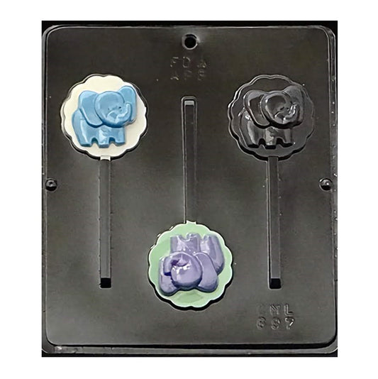 Image displaying a baby elephant sucker chocolate mold with three cavities, each designed to create a detailed elephant-shaped sucker. The mold cavities feature a baby elephant sitting happily, surrounded by a scalloped edge that forms the sucker outline. Two of the elephant figures are filled with blue and purple colored chocolate to showcase the finished product, while the third cavity is empty, revealing the intricate design details of the mold.