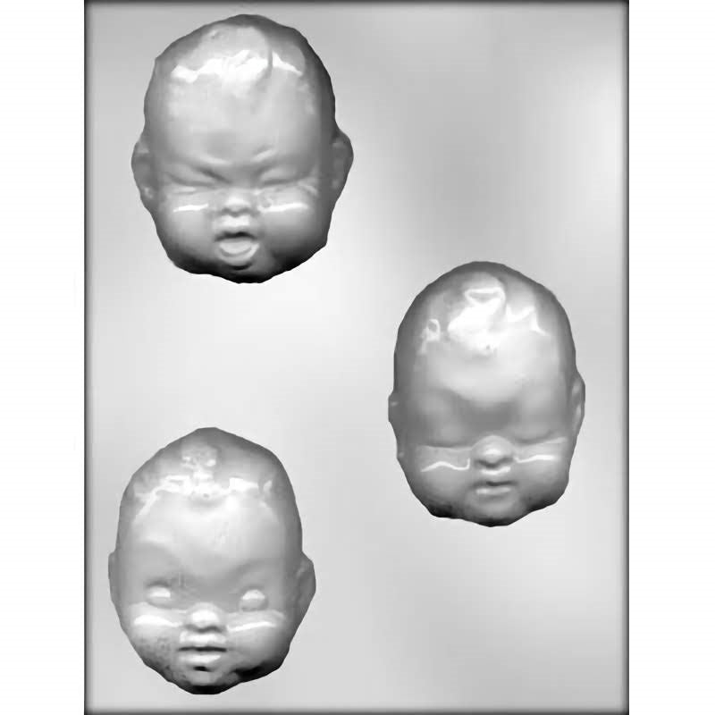 Baby Face Chocolate Mold featuring three detailed cavities of baby faces suitable for creating novelty chocolates.